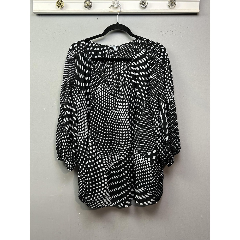 Floral & Ivy Shirt Womens 1X Black‎ White Polka Dot 3/4 Sleeve Peasant Top